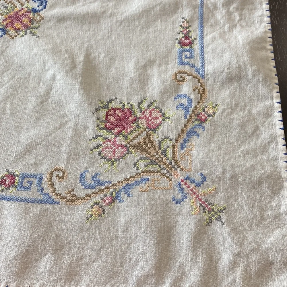 Vintage Embroidered Square Tablecloth - White with Pastel Floral Accents!